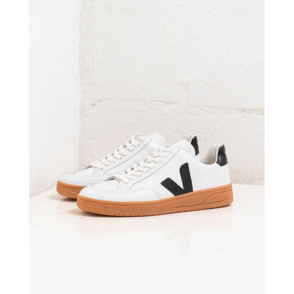 Veja V-12 LEATHER Sneakers Dames White/Black/Beige | BE 670LIS